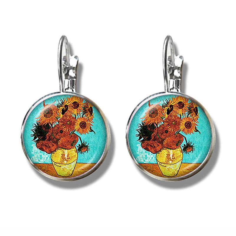 Van Gogh Solsikker Kunst Vintage Sølvbelagte Øredobber Glass Cabochon Kuppel Stiftøredobber Zirkon For Kvinner Jenter Gave