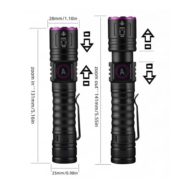 365/395nm UV Flashlight Zoom 5W Type C USB Rechargeable Black Light for Resin Curing, Pet Urine Detection, Scorpion with Battery