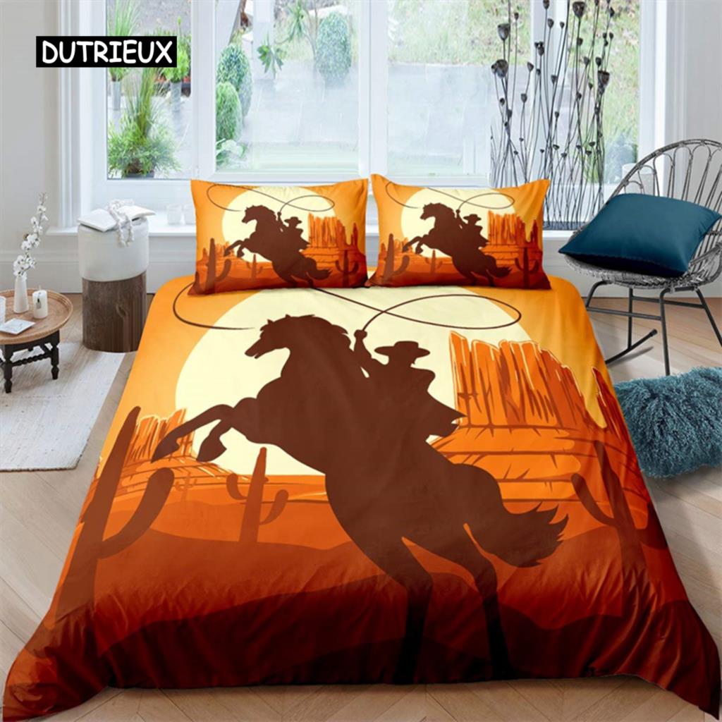 Western Cowboy Duvet Cover Rodeo Cowboy Riding Bull Horse Bedding Set Full For Boys Teen Microfiber Farmhouse Style Quilt Cover