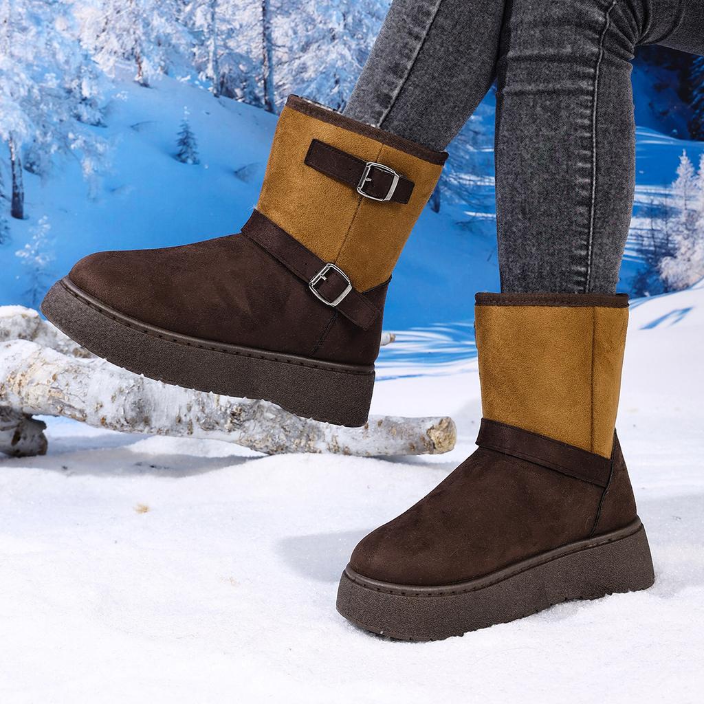 Fashion New Round Toe Buckle Thick Sole Warm Casual Snow Boots Winter Comfortable Suede Large Size Walking Boots for Women