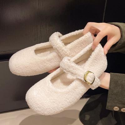 Mode Mode Ballerinas mit runder Zehenpartie Stiefel für Damen Warm halten Plüsch Slipper Damen Markendesign Flauschige Mary Jane Schuhe Botas Mujer