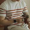 Men's Light-Mature Striped Ice Silk Short-Sleeve Knit Sweater