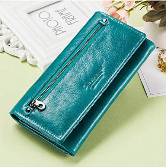 [CONTACTS] Genuine Leather Women's Wallet with RFID and Multi-Function Slim Bi-Fold Zipper Clutch Wallet, Teal Blue