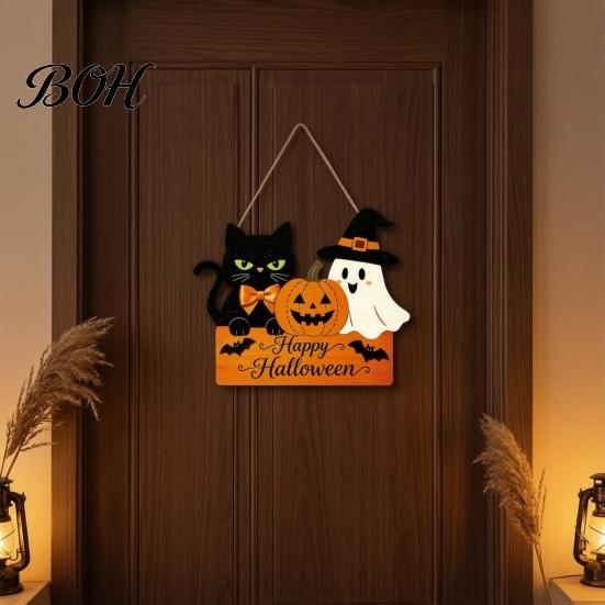 Kindergarten Holiday Environment Decor Halloween Door Sign with Hemp Rope Lanyard, Pumpkin Ghost Printed Hanging Decorative Plaque for Home