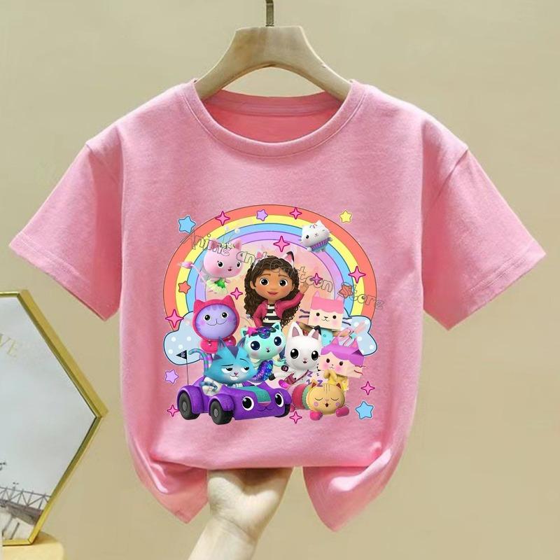

Gabby Dollhouse New T-shirt Children Cute Cartoon Summer Clothes Fashion Girl Pink Short Sleeve Anime Loose Clothing Kid Tee Top 110