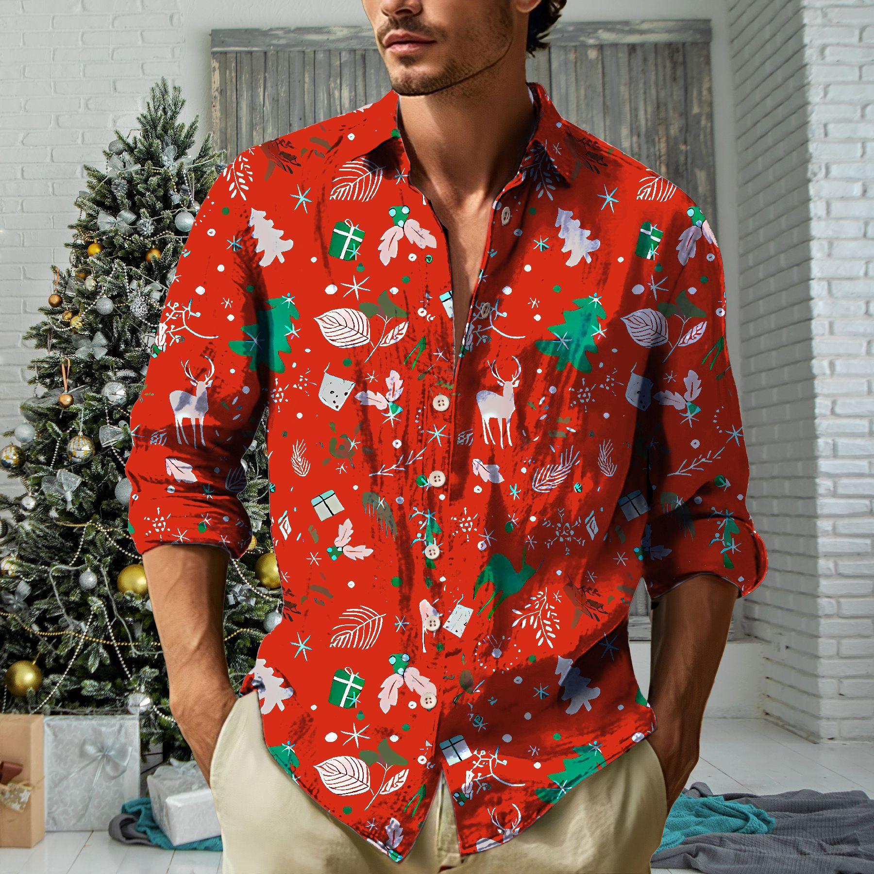 

Men s Casual Printed Lapel Long Sleeved Shirt XXXL синій