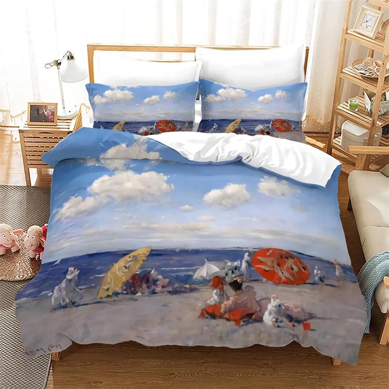 Ocean Duvet Cover Set Queen/Full Size Tropical Island with The Palm Trees and Sea Beach Nature Theme Print Polyester Bedding Set