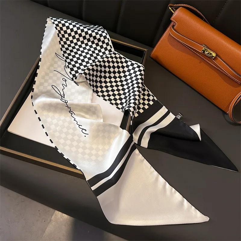 Plaid Scarf Women Imitation Silk Neck Kerchief Foulard Female Hairbands Narrow Ribbon Hair Scarves Bag Ties 15*150Cm