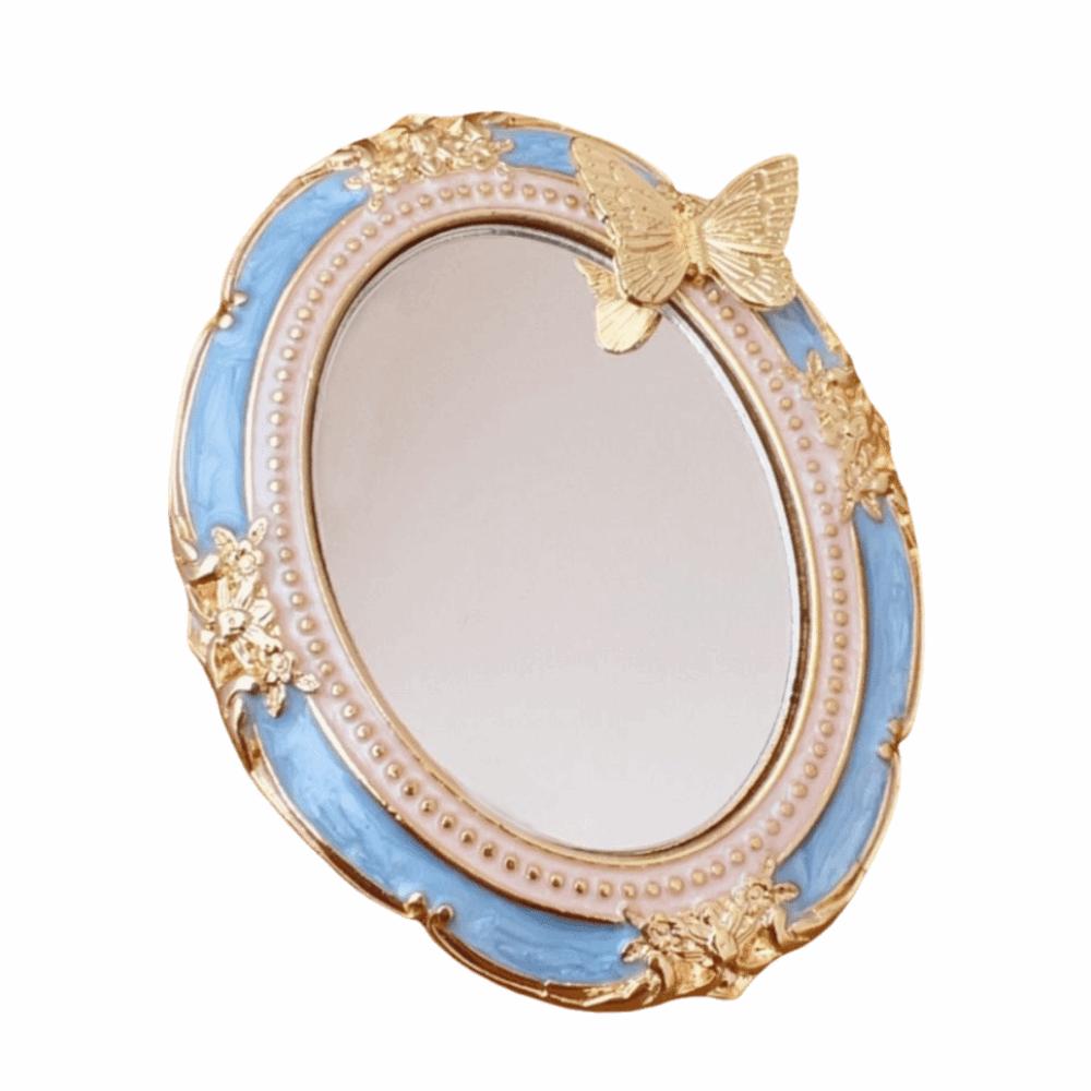 European Style Retro Makeup Mirror Portable European Relief Handheld Mirror  Travel-Friendly синий