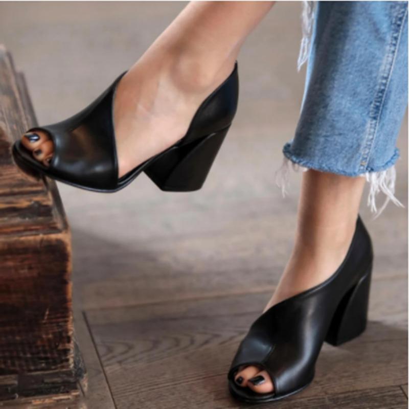 36-42 Large Size Women's Shoes Fish Mouth High Heels Women's Fashion Summer European and American Thick Heel Roman Sandals