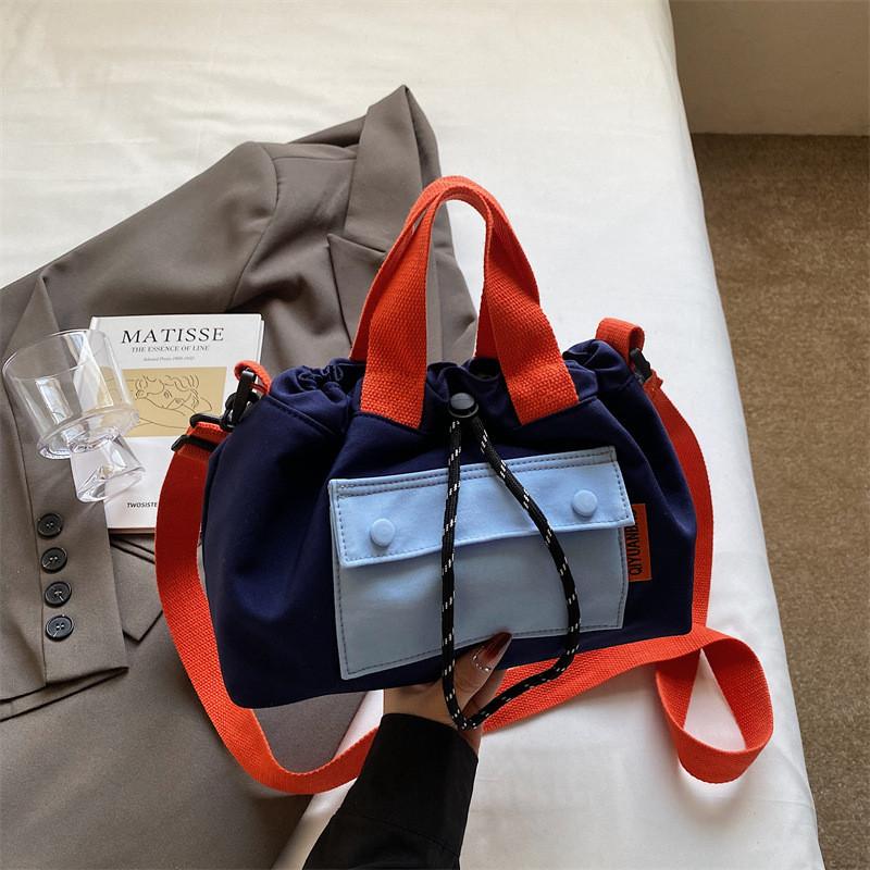 Fashion Color Blocking Design Neutral Drawstring Canvas Shoulder Crossbody Bag For Casual Girls Daily Use
