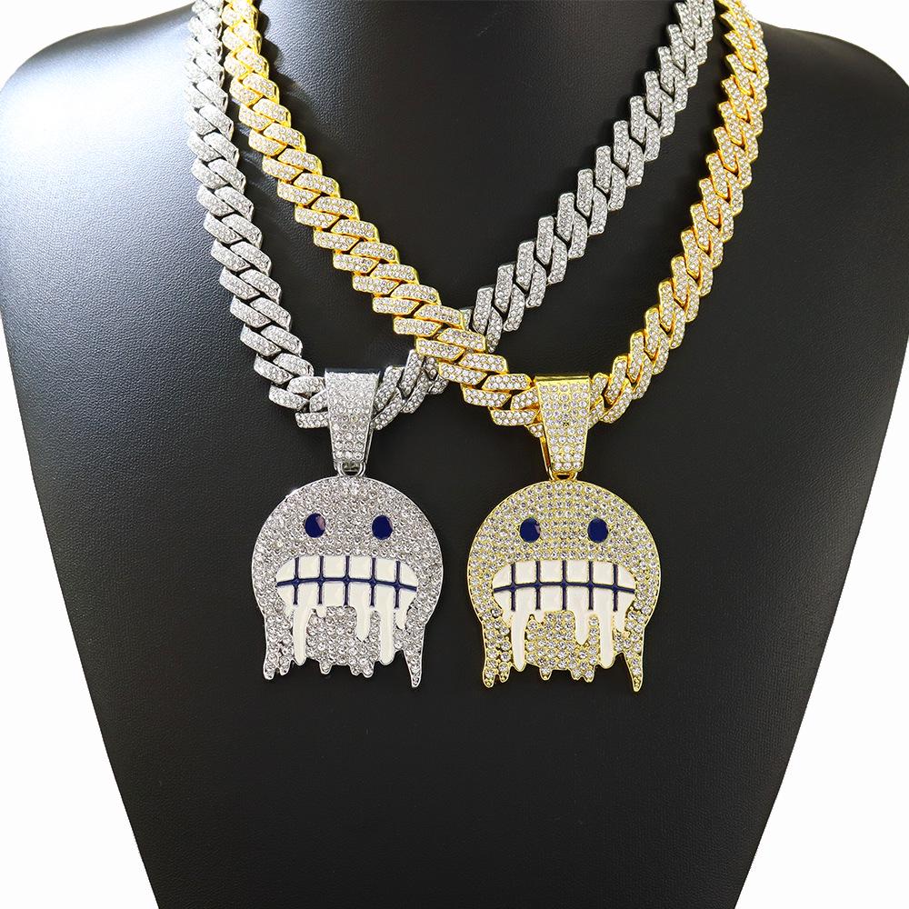 Diamond Icy Face Emoji Pendant Cuban Chain Necklace – Hip Hop Style for Men and Women