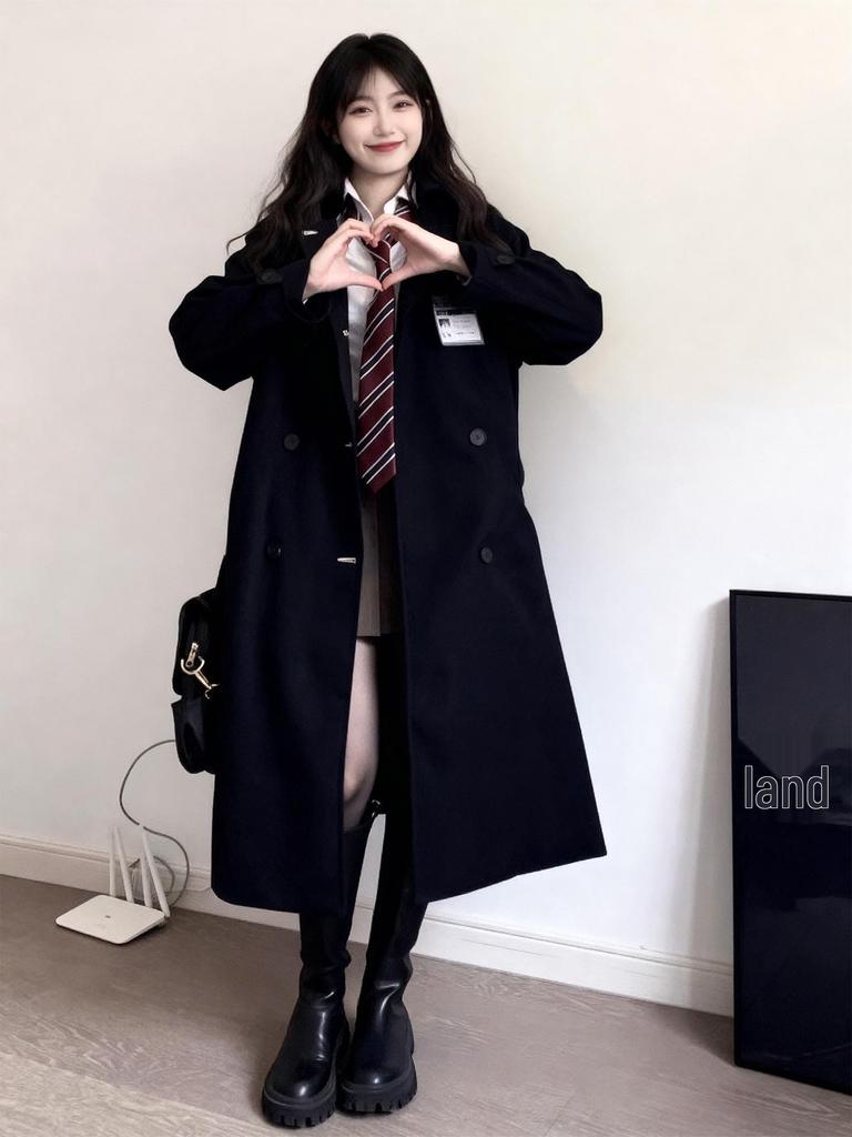 Women's Black College Style Trench Coat - Spring/Autumn 2025 Petite Mid-Length JK Uniform