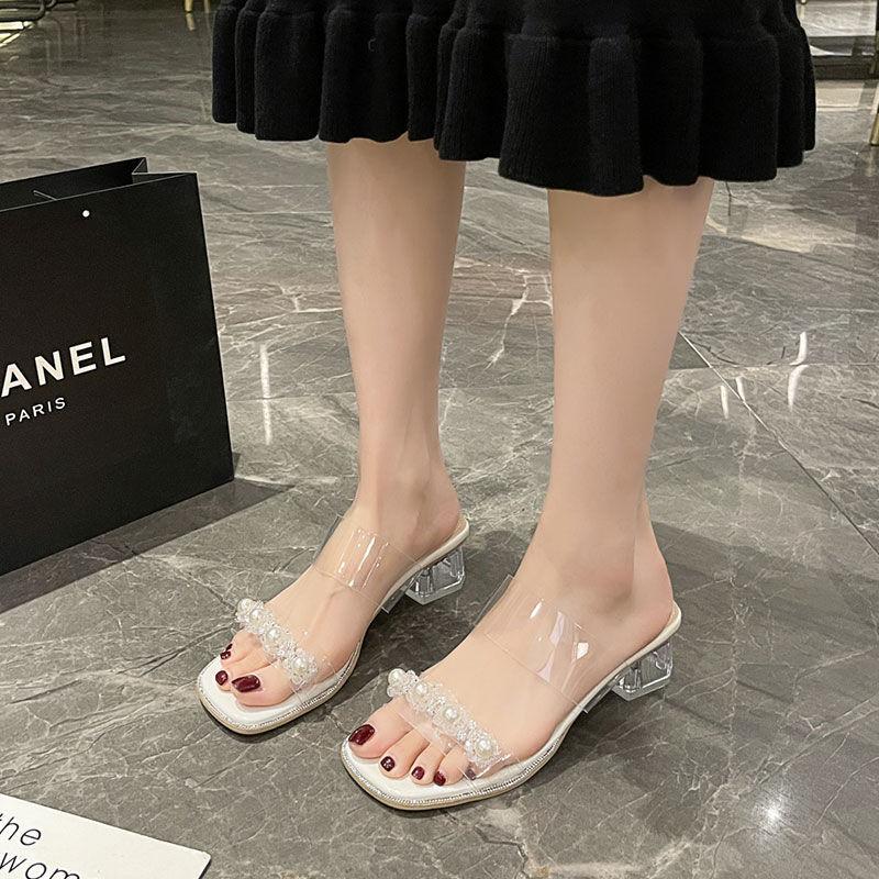 French thick heel cool slippers women's summer wear 2025 new fairy style pearl word with transparent crystal high heels