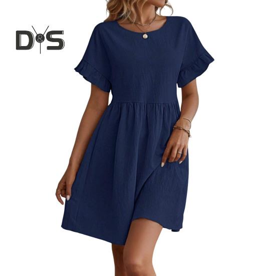 

Летнее мини-платье с оборками, короткими рукавами, О-образным вырезом, плиссированное платье А-силуэта, однотонное платье со свободным подолом для свиданий, шопинга, путешествий M темно-синий