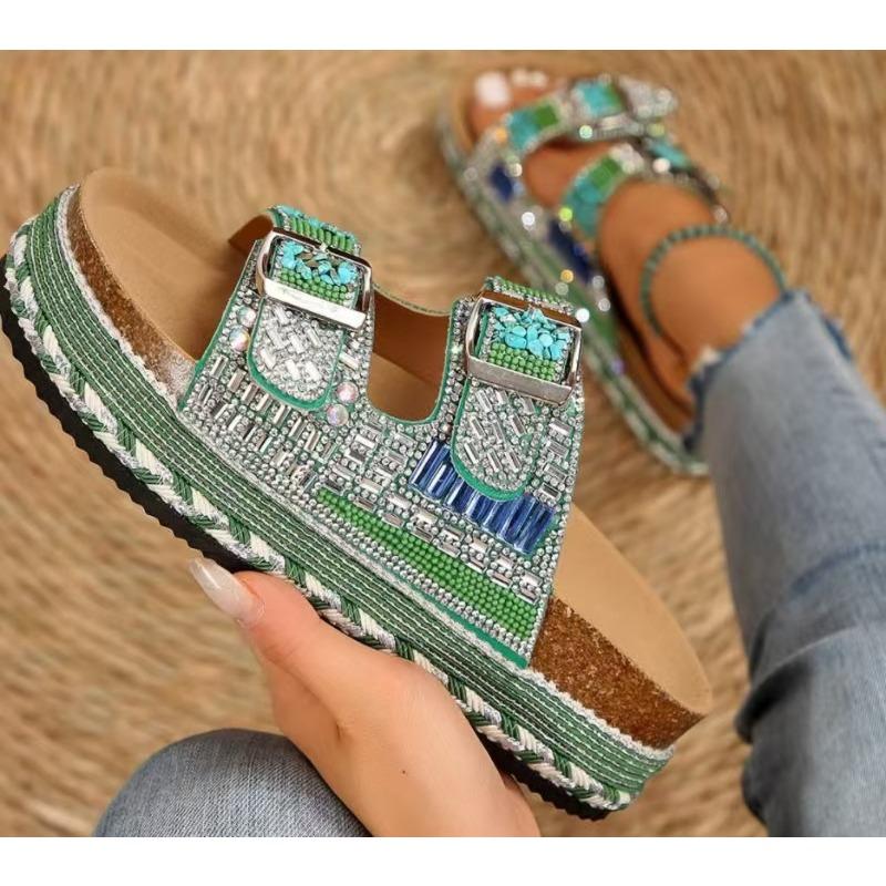 New Style Chunky Sole Hemp Rope Double Buckle Rhinestone Beach Sandals - Plus Size Women's Shoes