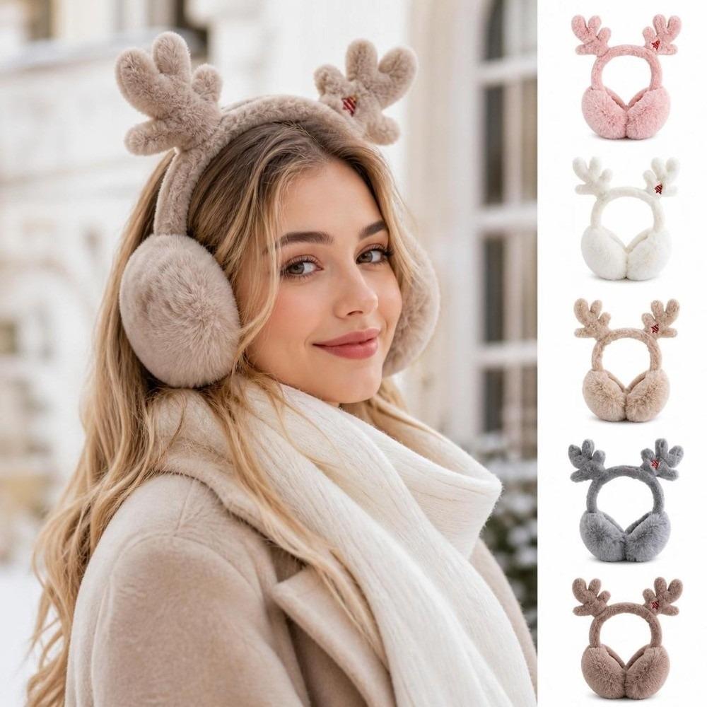 Fluffy Faux Fur Reindeer Antler Earmuffs Foldable Design Thermal Earmuffs  Winter Season