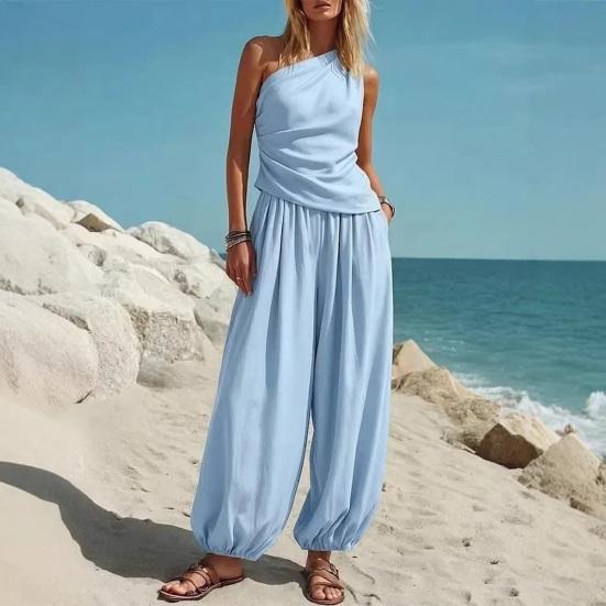 Women Tank Top Pants Two Piece Set Summer One-shoulder Sleeveless Shirt Trousers Solid Color Breathable Loose Casual Top Pants Suit