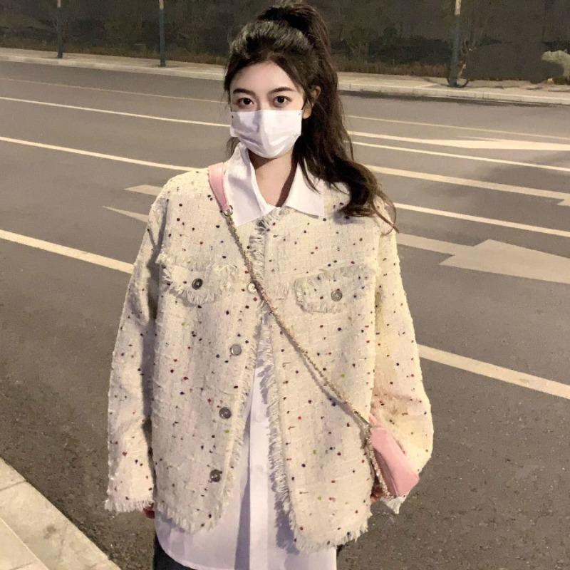 

Корейский стиль небольшой аромат горошек куртка для женщин весна новый высококачественный нишевый дизайн ретро кардиган куртка топ XL