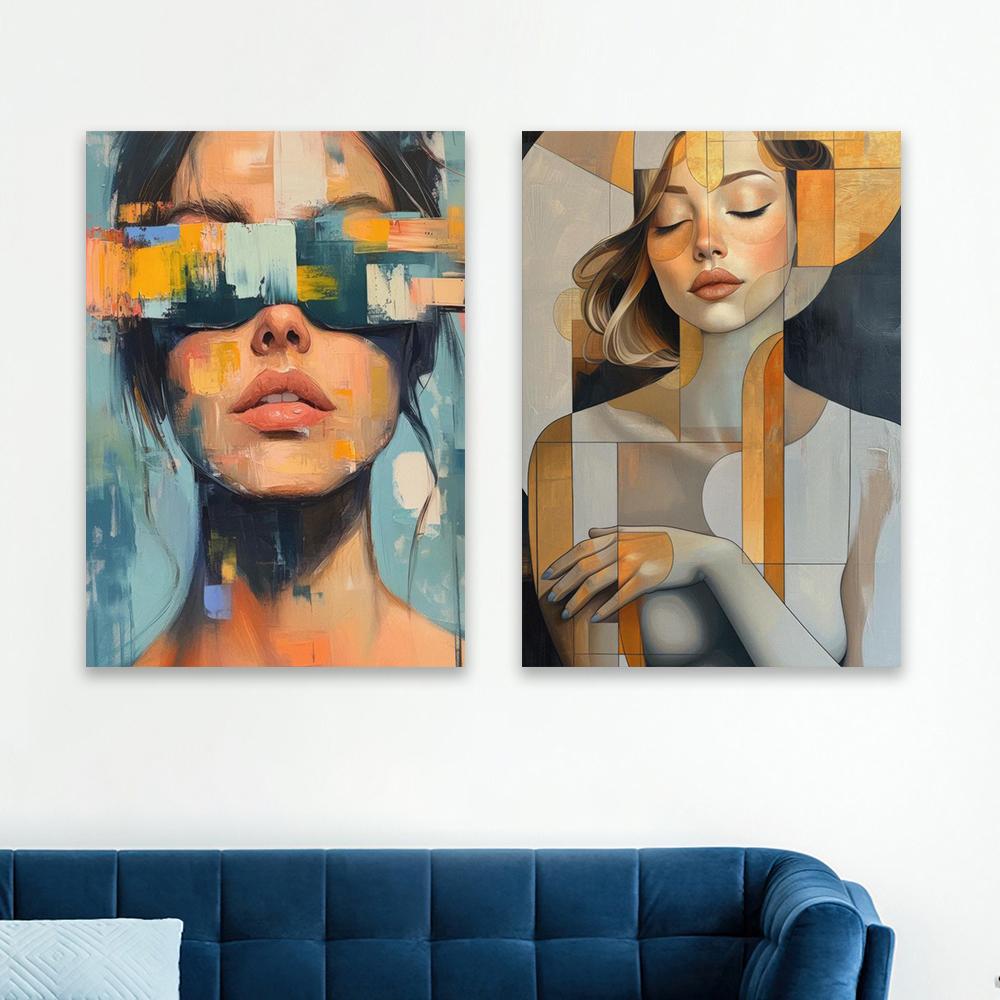 Abstract Modern Portrait Art Print Poster Vibrant Female Face with Colorful Blocks Canvas Painting Contemporary Wall Art Decor