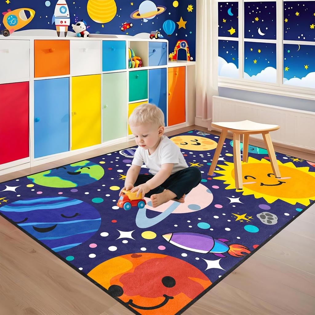 Solar System Kids Rug - Galaxy Themed Playroom Carpet, Non-Slip Planet Print Floor Mat for Boys/Girls Bedroom, Classroom  Dec