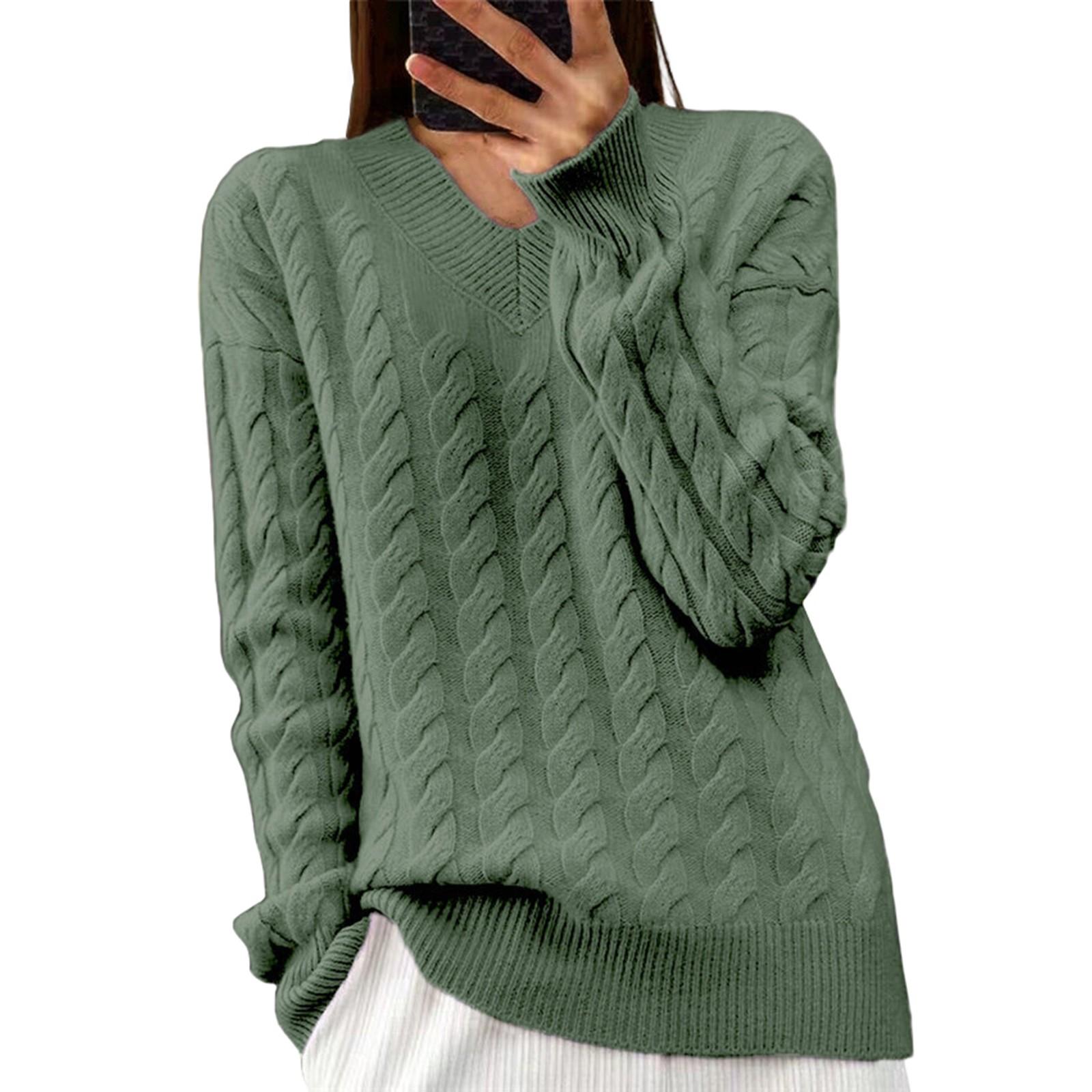 

Женская мода однотонный длинный рукав витой цветок V-образный вырез трикотаж пуловер топ свитер L зелёный