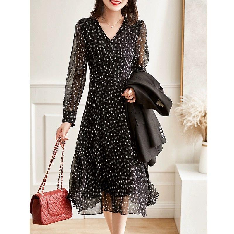 

Весна Лето V-образный вырез Принт в горошек Талия Длинный рукав Халат Женский Элегантная Мода Платье по талии Дамское Приталенное Повседневное Миди-платье XXL чёрный