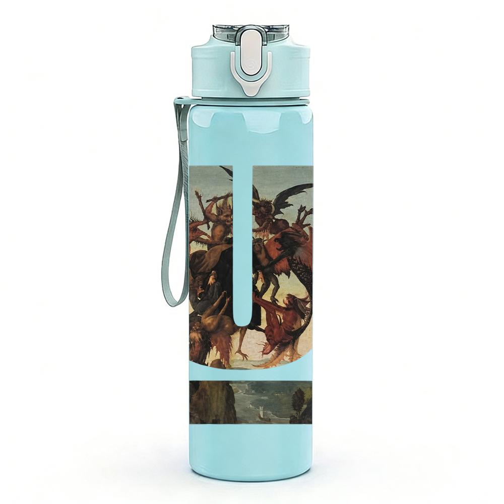 1PC Vertical U Shape Band Graphic Print 750ml Colorful Plastic Sports Water Bottle Leakproof Pop Lid with Straw for Outdoor Office Home Use