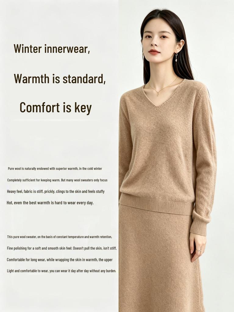 Women's 100% Pure Wool V-Neck Loose Knit Sweater - Solid Color Autumn/Winter Basic Layer
