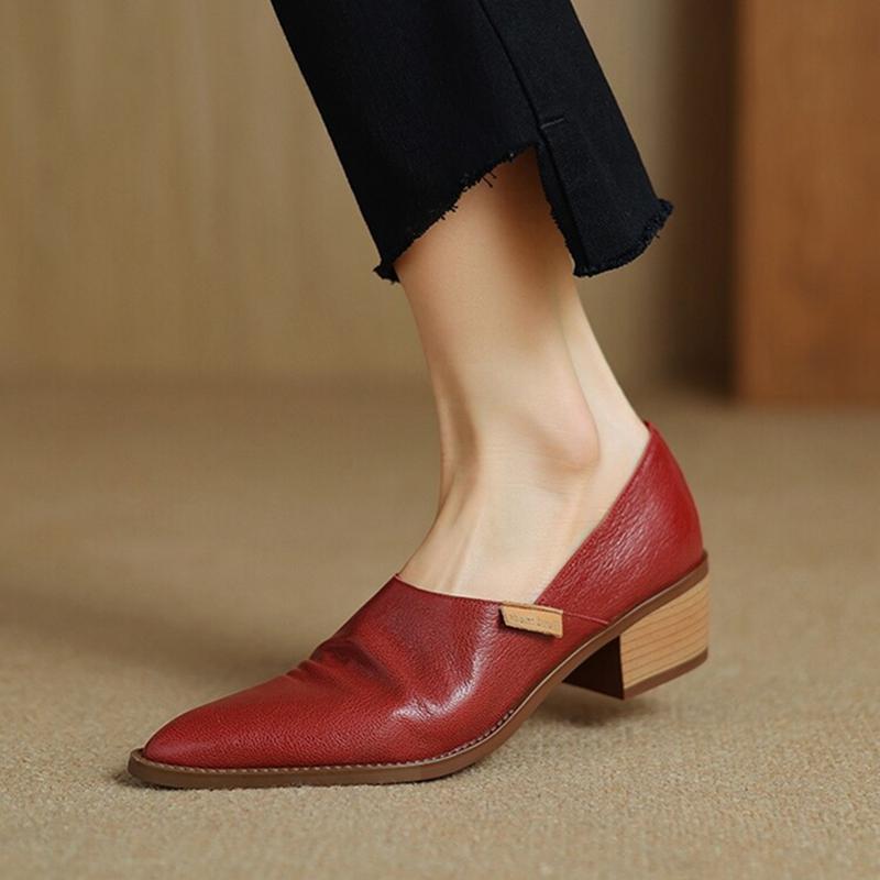 Fashion NEW Spring Women Loafers Pointed Toe Chunky Heel Shoes Genuine Leather Shoes for Women Concise High Heels Slip-on Women Pumps
