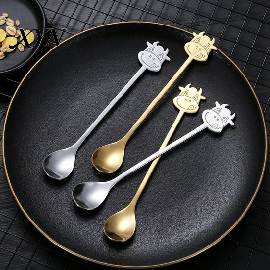 Long Handle Spoon Stainless Steel Coffee Spoon, with Bull Head Decor, Pudding Dessert Multifunctional Stirring for Milk Tea Yogurt Jam Rust Resistant