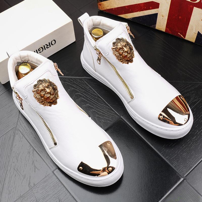 Fashion Gold Leather Men Sneakers Punk Casual Shoes Hip Hop Male High Tops Zip Ankle Boots Flats Zapatos Hombre A4