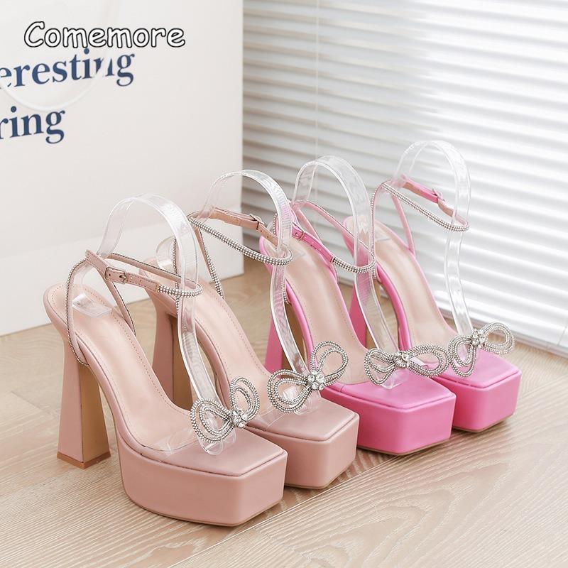 Ladies Pink Heels Fashion Chunky High Heel Platform Sandals Square Toe PVC Bowknot Crystal Ankle Strap Women's Dress Shoes 35-42