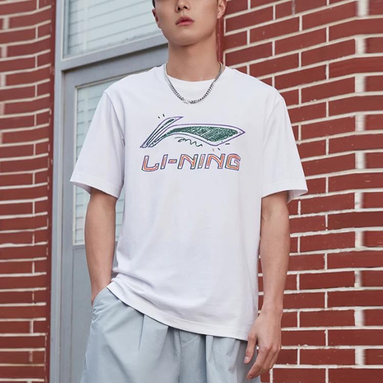 Li-Ning Graffiti Logo Print Sports Crew Neck T-Shirt Men Tops White AHSS879-4