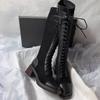 Fashion Block Heel High Boots Autumn New Square Toe Spliced Front Lace-Up Side Brushed Anti-Slip Wear-Resistant Single Boots