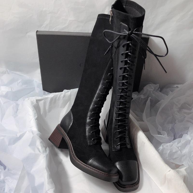 Fashion Block Heel High Boots Autumn New Square Toe Spliced Front Lace-Up Side Brushed Anti-Slip Wear-Resistant Single Boots