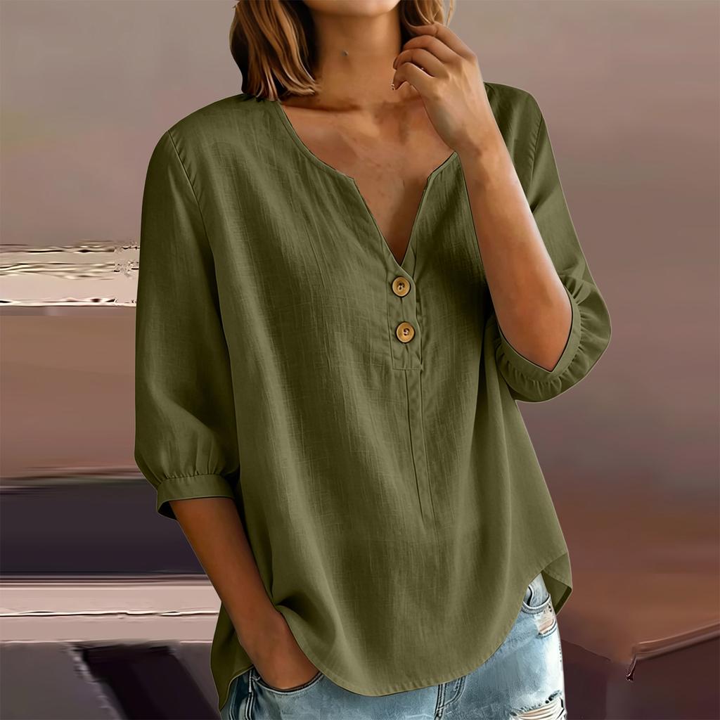 Women's Casual Linen Blend Henley Button Neck Shirt Three Quarter Sleeve Lightweight Loose Fit Top for Everyday Wear