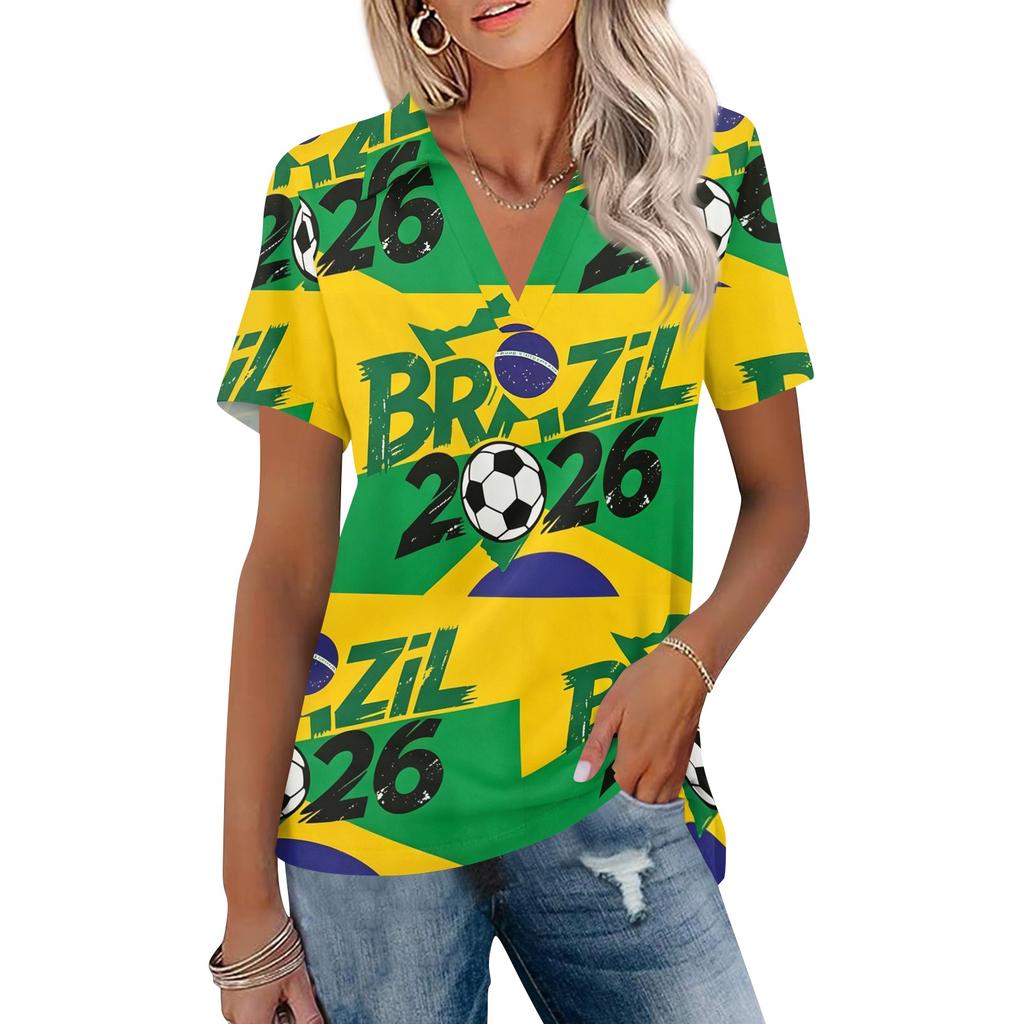 Women's Casual V Neck Short Sleeve T Shirt World Cup Print Polo Style Top Lightweight Comfortable Fit
