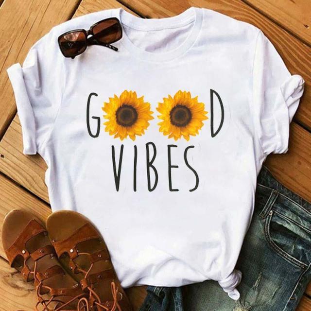 Vintage Leopard Love Sunflower Graphics Women T-Shirt 90S Summer Blouse Loose Short Sleeve Round Neck Female Crop Tops