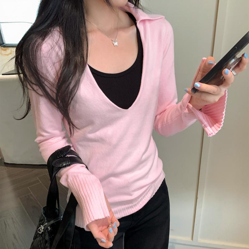 2025 Unique Petite Women s Pink Deep V-Neck Knit Top for Autumn/Winter Small розовый