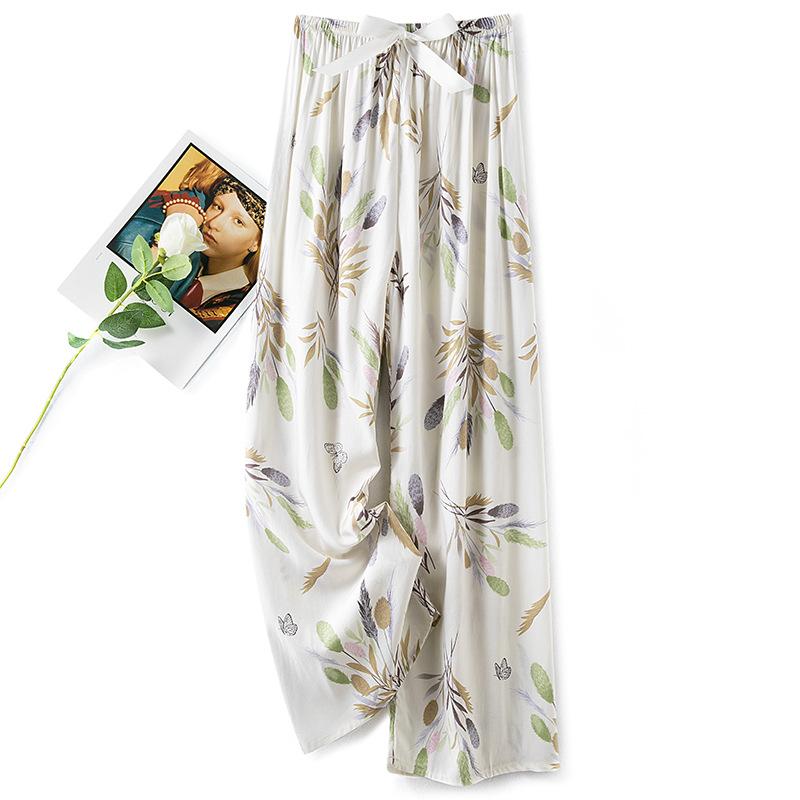 Pantaloni de pijama din bumbac mătase pentru femei, secțiune subțire de vară, anti-țânțari, pantaloni cu picior lat, culoare uni, pentru exterior, casă, petrecere a timpului liber, imprimeu, pantaloni de plajă până la genunchi