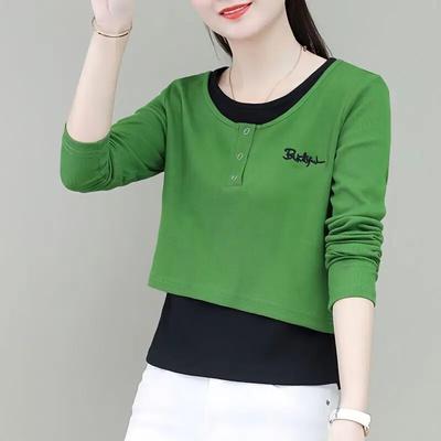 Women's New Fashionable Long Sleeve Fake Two Piece T-shirt Short Slim Spring Autumn Round Collar Bottoming Top