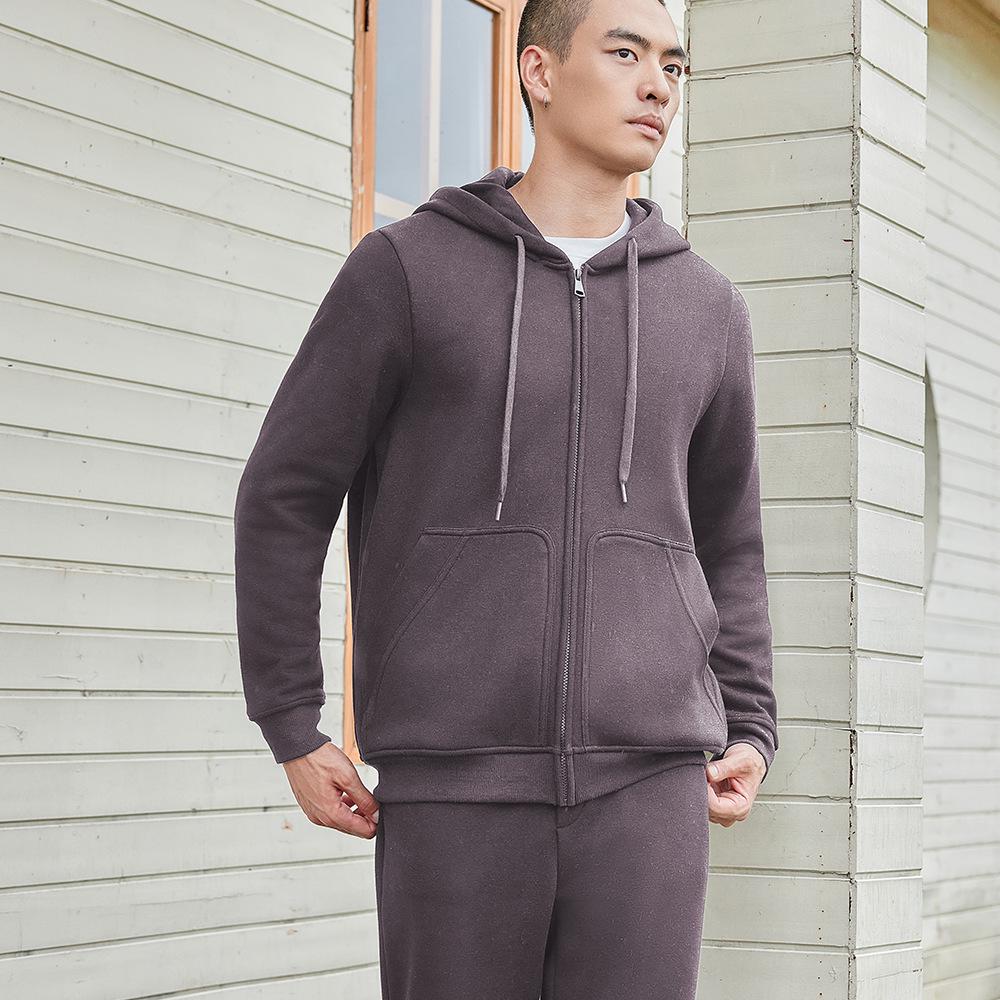 Men's Casual Solid Color Fleece Lined Hooded Sweatshirt - Warm, Versatile Loose Fit with Drawstring and Zipper.