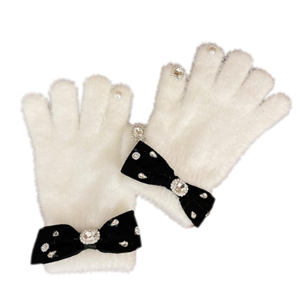 Rhinestone&Bowknot Decor Knitted Gloves Winter Full Finger Mitten Thicken Warm Christmas Black/ White Gloves for Girls