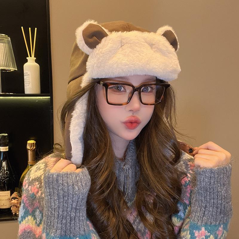 Japanese Cute Cartoon Lei Feng Hat for Women with Autumn and Winter Plus Velvet Warm Cycling Ear Protection Hat Outdoor Ski Hat Men