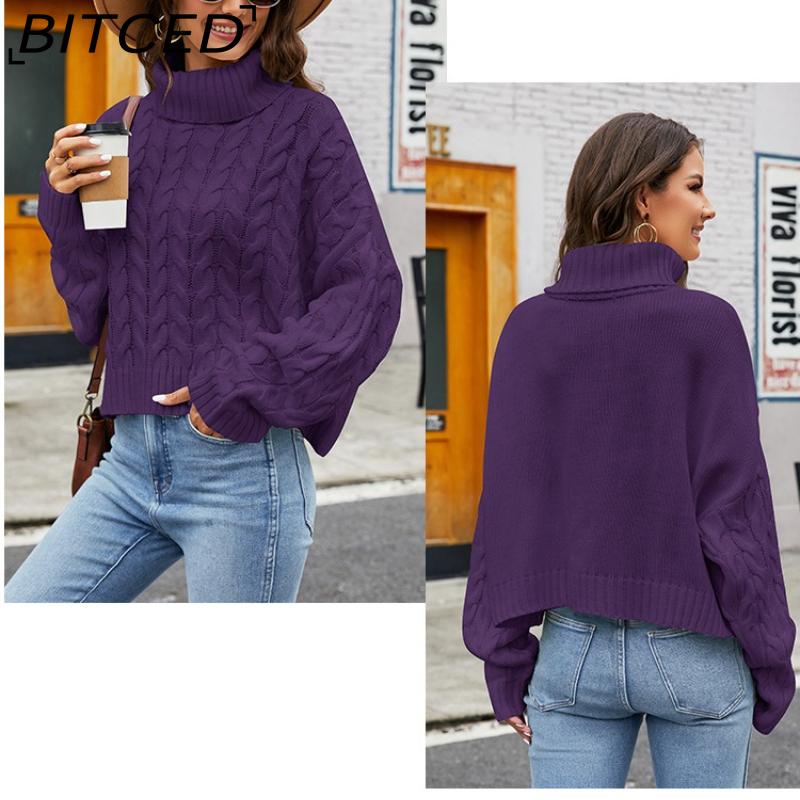BITCED Chunky Cable-Knit Turtleneck Sweater Solid-Colour Casual Knitwear Women's Cropped Oversized Pullover