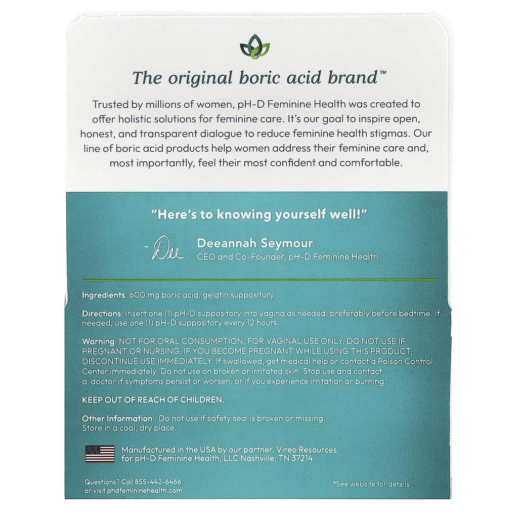 pH-D Feminine Health Borsäure Vaginalzäpfchen, 600 mg, 24 Stück