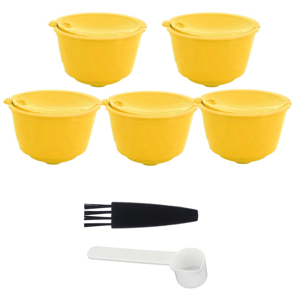 Coffee Machine Capsule Kit Reusable Coffee Filter Cup Accessories Fit for DOLCE GUSTO(Yellow 5 Capsules1 Spoon 1 Brush)