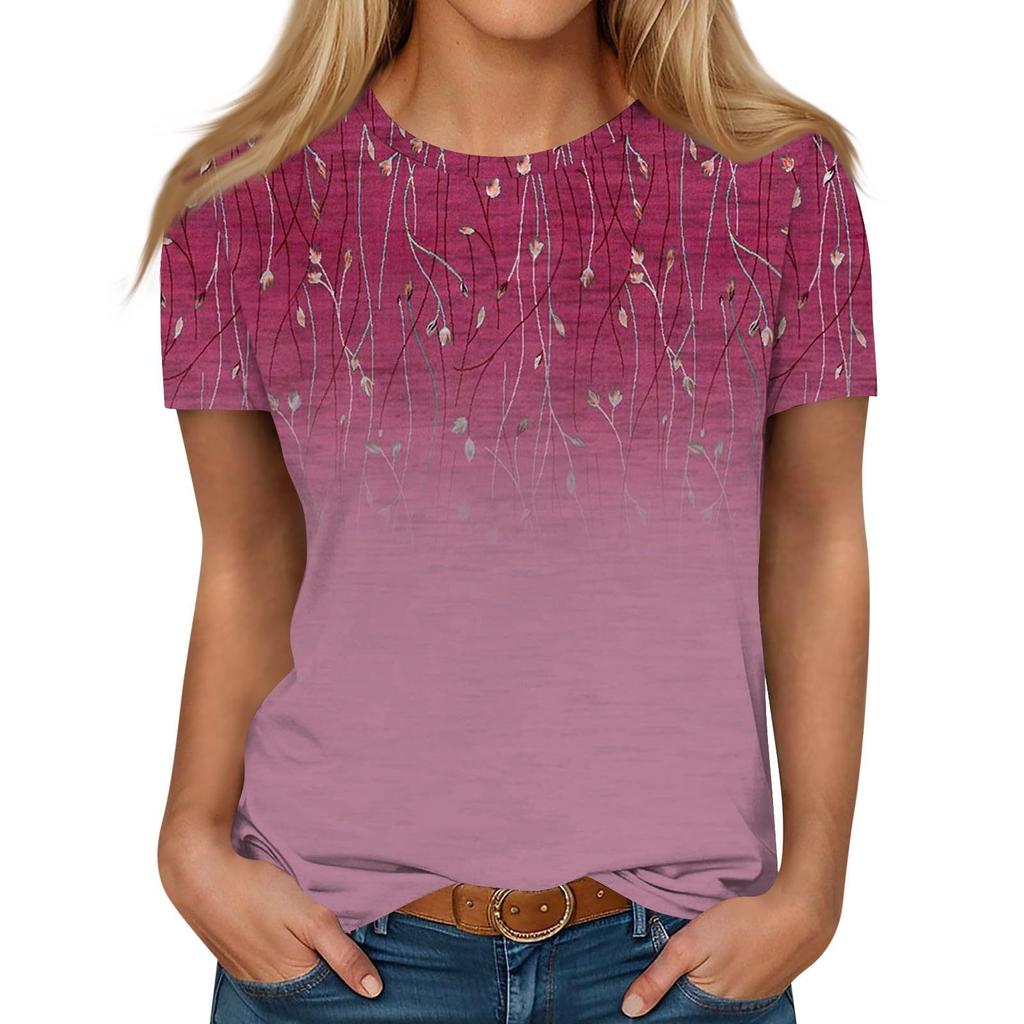 Summer Round Neck 3D Gradient Floral Print Top Fashionable Casual Short Sleeved Women's T-shirts