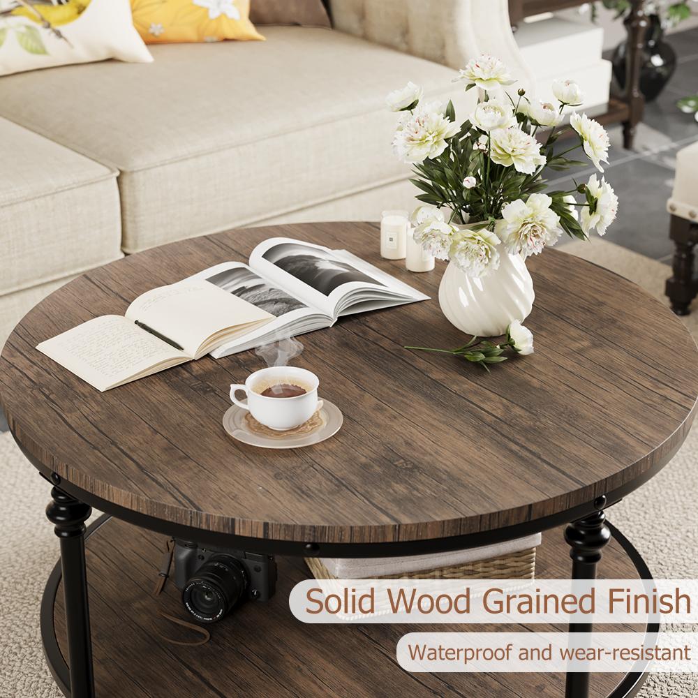 2-Tier Round Coffee Table Rustic Center Table with Storage Shelf for Living Room with Sturdy Metal Legs Wood Circle Coffee Table
